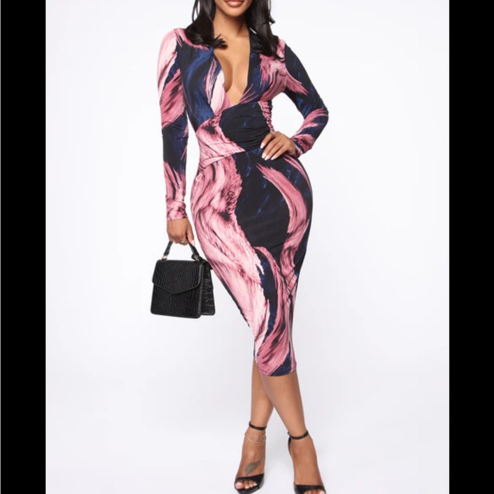 Long sleeve, midi, multicolored dress.
